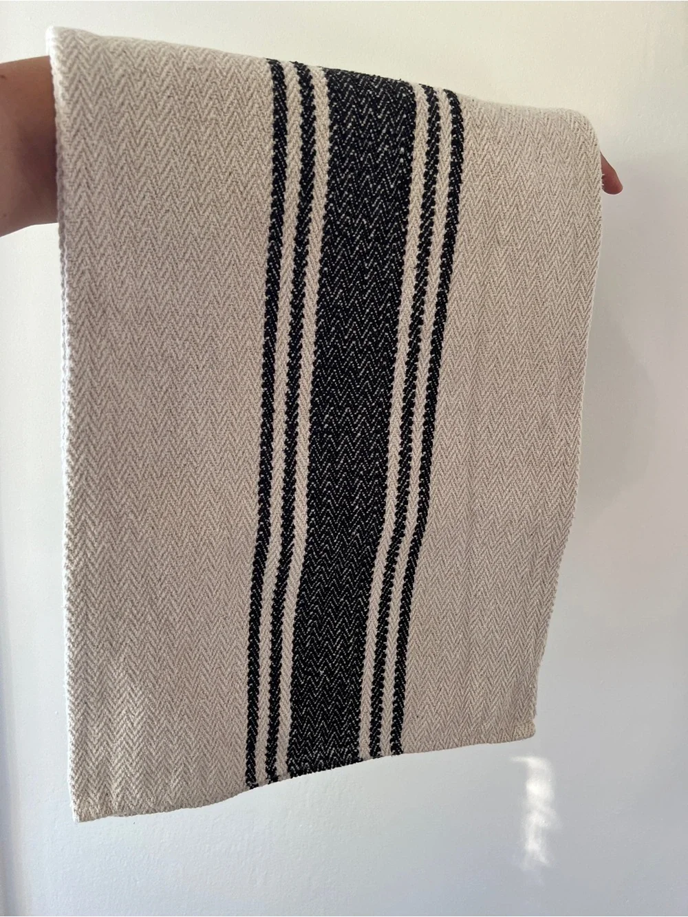 Farmhouse navy blue white woven cotton table runner French grain sack Magnolia